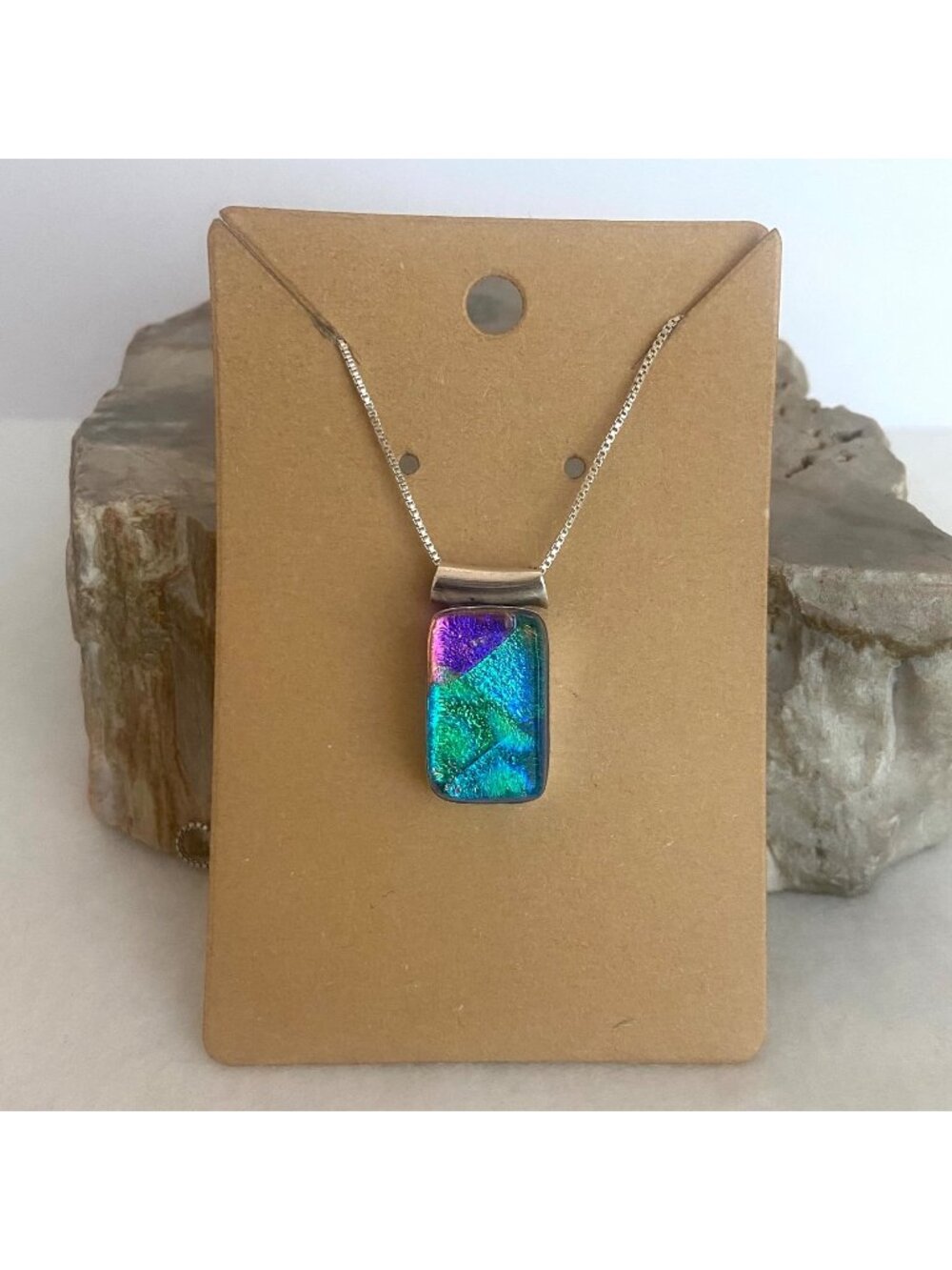 Sterling Silver 925 Multi Colored Dichroic Glass Pendant Necklace 18" Box Chain